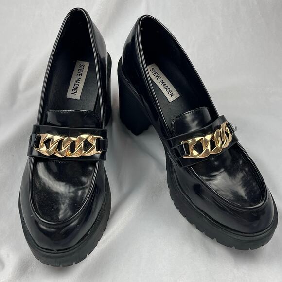 Steve Madden Nakos Pump Chunky Heeled Loafers Black Gold Hardware Women's 9.5 - Picture 1 of 12